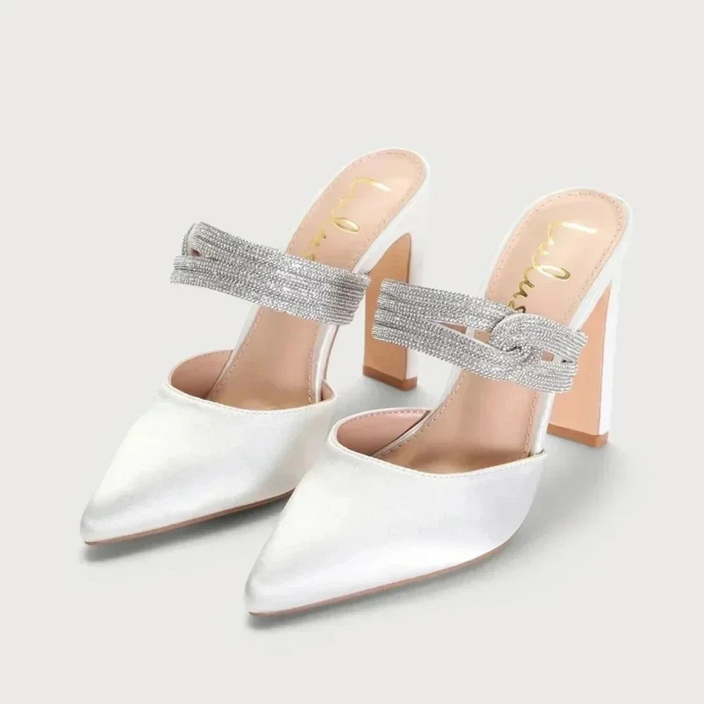 NWOT Lulus Celines White Satin Rhinestone Pointed-Toe Mule Pumps